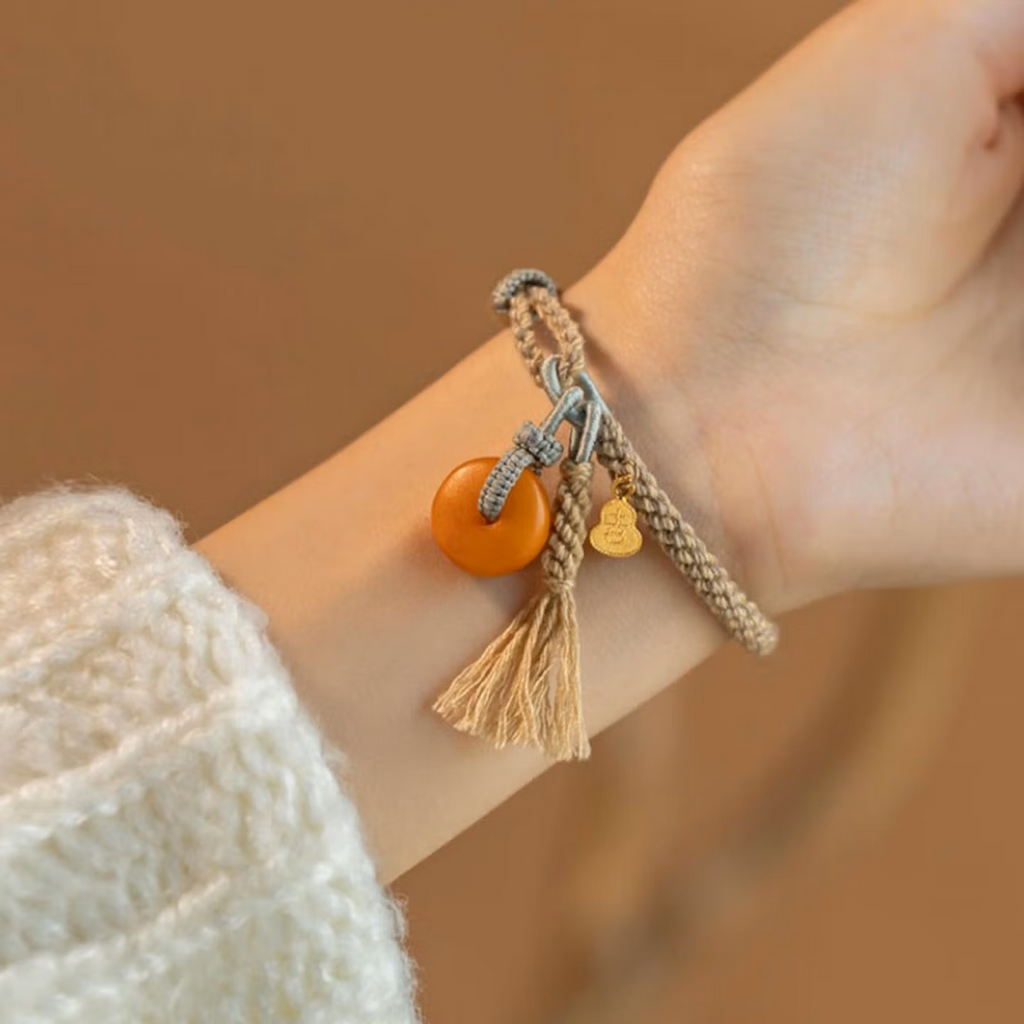 Tibetan Ethnic Hand Woven Bracelet with Amber Bead Pendant, Blessing Longevity Health Good Luck Wristband