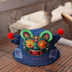 Yunnan Ethnic Handmade Embroidered Denim Bucket Hat - Women's Sunshade Hat with Adjustable Hidden Drawstring & Tiger Patchwork