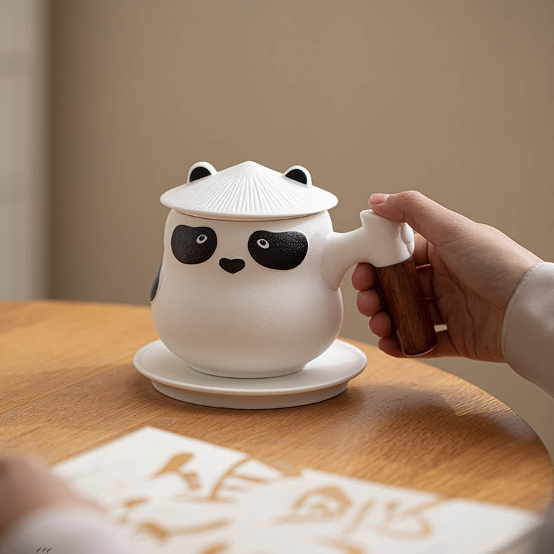 Custom Personalized Panda Ceramic Tea & Coffee Mug - 360ml Tea Infuser Mug with Rosewood Handle, Strainer Basket & Saucer (Custom Name Option)