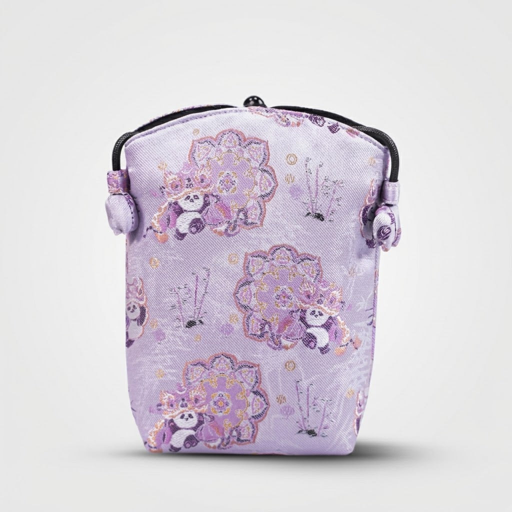 Song Brocade silk vertical crossbody phone bag with persimmon pattern and long shoulder strap in gift box