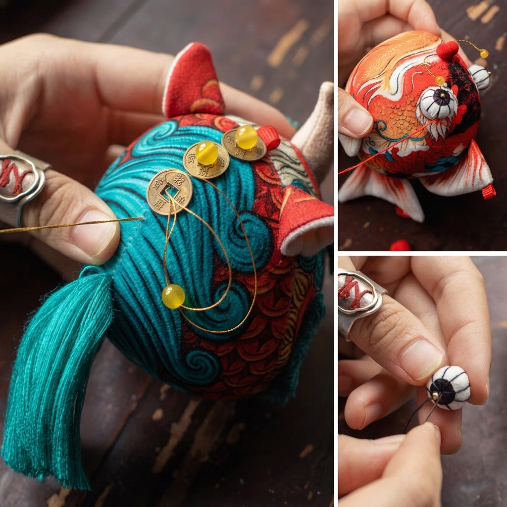 Handcrafted Chinese Mythical Beasts Herbal Sachet Pendant - Hand-Embroidered Mascot Charm for Protection & Wealth
