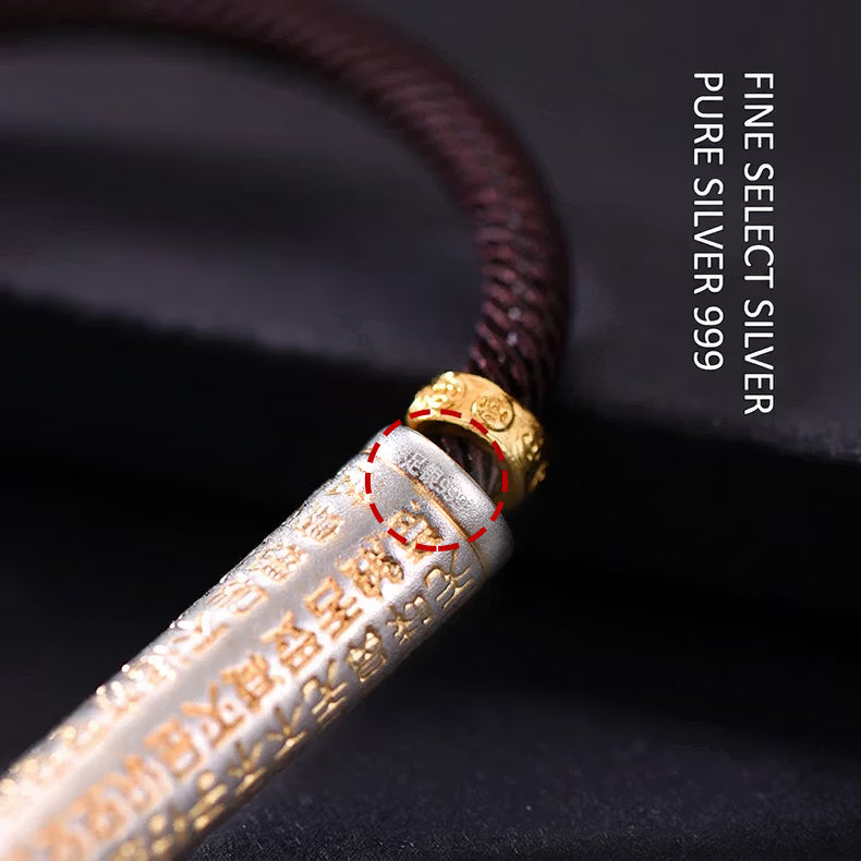 S999 fine silver Heart Sutra curved tube bracelet with gold gilded calligraphy on dark braided cord
