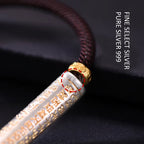 S999 fine silver Heart Sutra curved tube bracelet with gold gilded calligraphy on dark braided cord