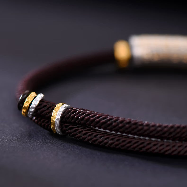 S999 fine silver Heart Sutra curved tube bracelet with gold gilded calligraphy on dark braided cord