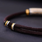 S999 fine silver Heart Sutra curved tube bracelet with gold gilded calligraphy on dark braided cord