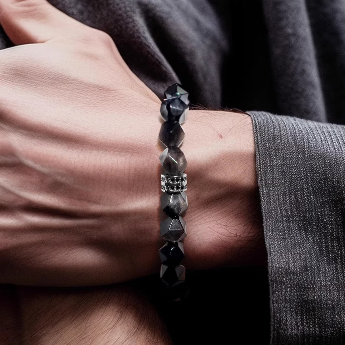 Faceted Black & Silver Sheen Obsidian Men's Bracelet - Geometric Gemstone Wristband with Cubic Zirconia Alloy Accent Symbolizing Luck, Protection & Cosmic Strength