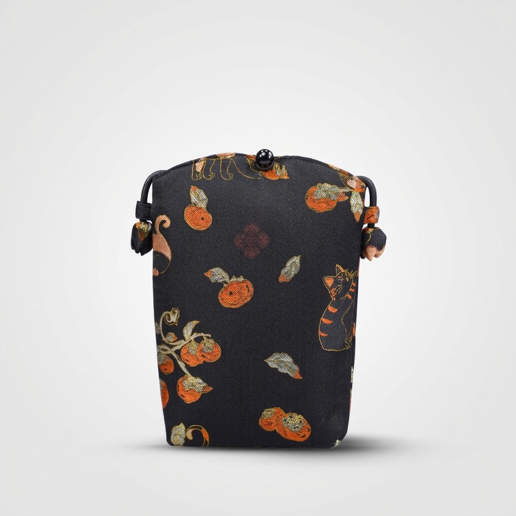 Song Brocade silk vertical crossbody phone bag with persimmon pattern and long shoulder strap in gift box