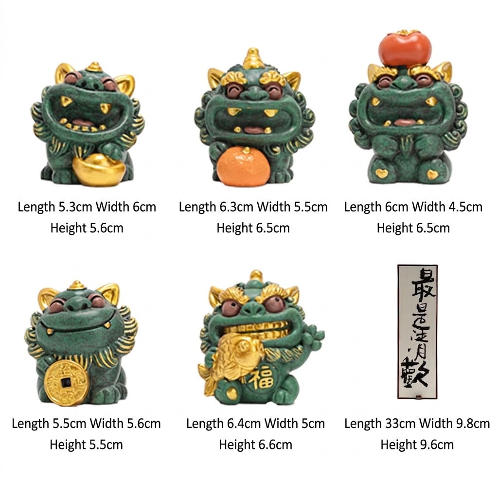 Set of cute green blue sandstone Pixiu statues with gold coin persimmon and fish accessories on wooden display