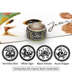 Rotatable Four Divine Beasts Sterling Silver Ring - Vintage 925 Silver Spinner Band with Azure Dragon, White Tiger, Vermilion Bird & Black Tortoise Reliefs