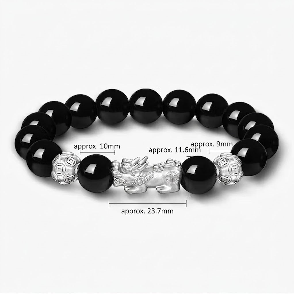 S999 fine silver Pixiu charm and black obsidian beaded mens wealth bracelet with silver fortune coins