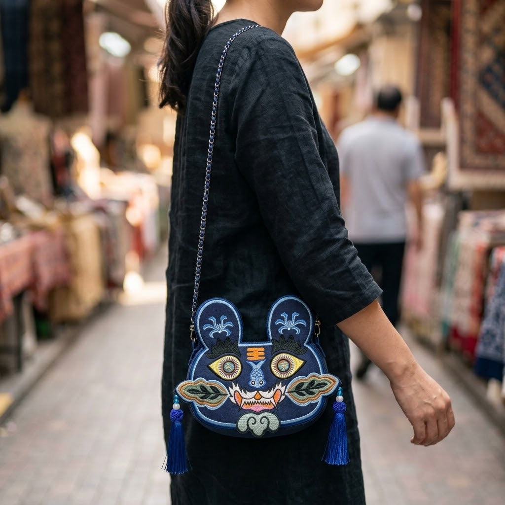 Collection of handcrafted Longxi embroidery tiger head crossbody bags in off-white and blue with long tassels
