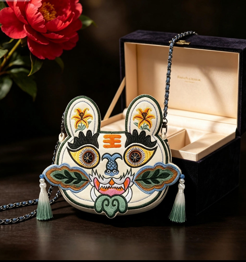 Collection of handcrafted Longxi embroidery tiger head crossbody bags in off-white and blue with long tassels