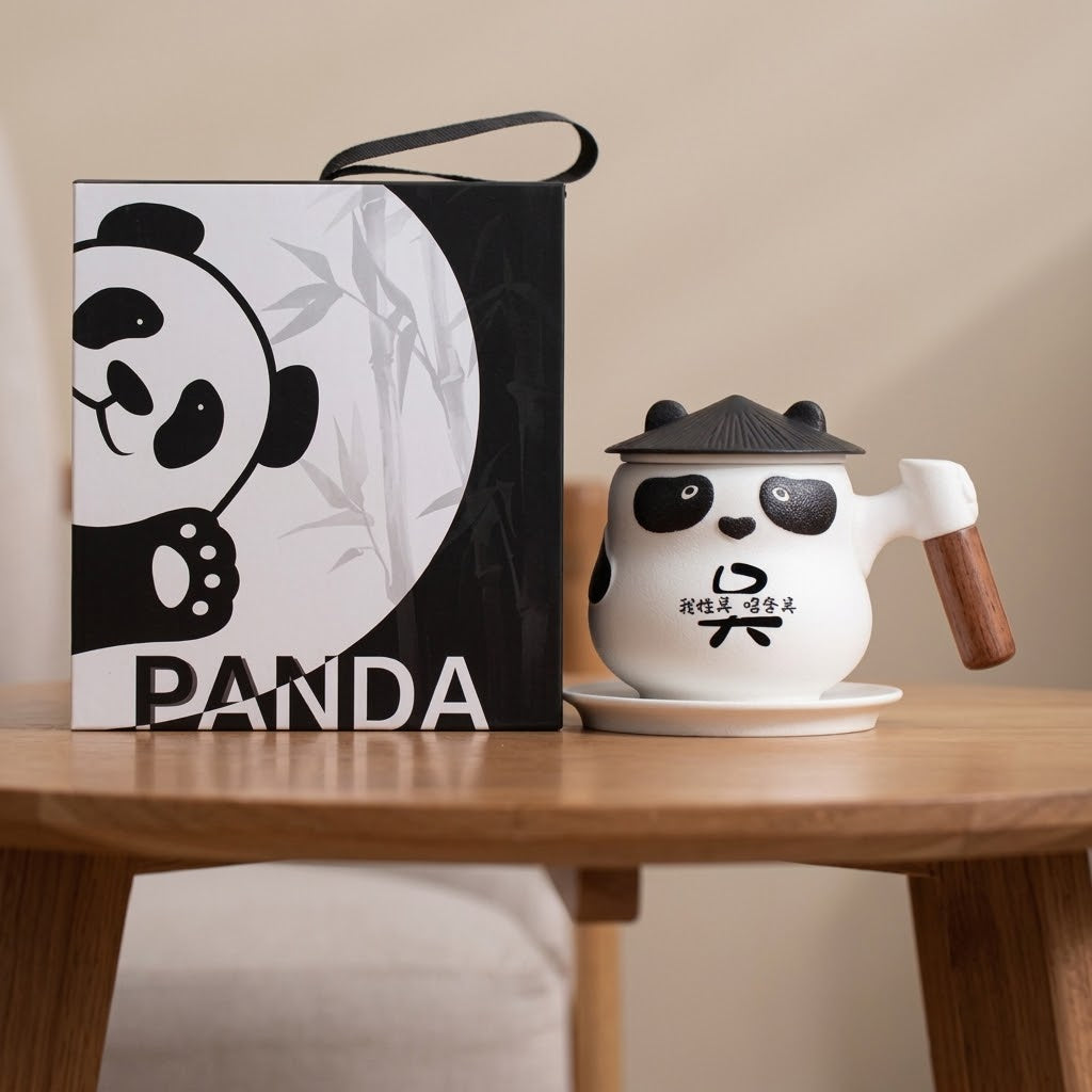 Custom Personalized Panda Ceramic Tea & Coffee Mug - 360ml Tea Infuser Mug with Rosewood Handle, Strainer Basket & Saucer (Custom Name Option)