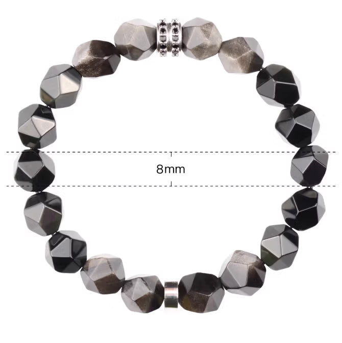 Faceted Black & Silver Sheen Obsidian Men's Bracelet - Geometric Gemstone Wristband with Cubic Zirconia Alloy Accent Symbolizing Luck, Protection & Cosmic Strength