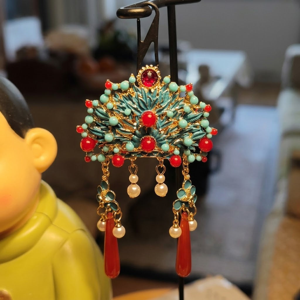 Exquisite Chinese imperial phoenix crown brooch pin with blue enamel crimson beads and pearl tassels