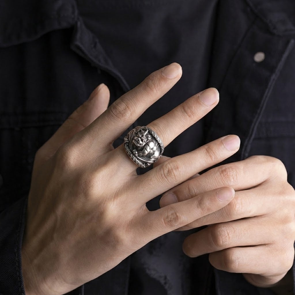 Vintage Pixiu statement ring with intricate relief carving and adjustable band