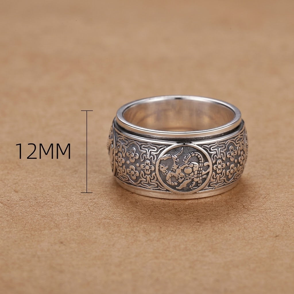 Rotatable Four Divine Beasts Sterling Silver Ring - Vintage 925 Silver Spinner Band with Azure Dragon, White Tiger, Vermilion Bird & Black Tortoise Reliefs