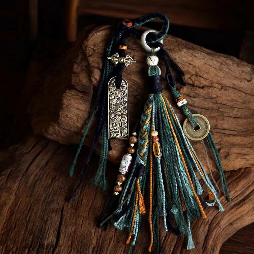 Hand-Braided Tibetan Dragon Charm - "Shan Gui" Coin & Vajra Tassel Pendant for Car Mirror & Bag Accent