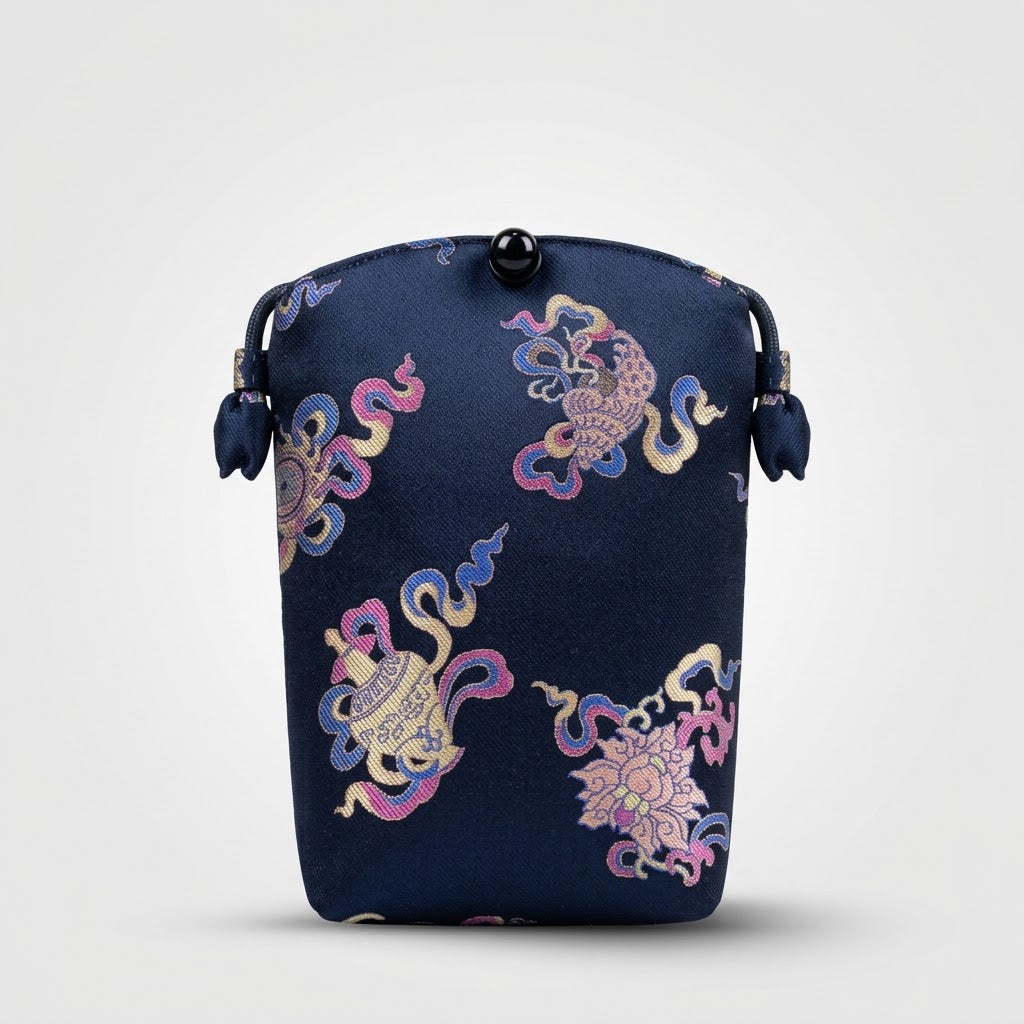 Song Brocade silk vertical crossbody phone bag with persimmon pattern and long shoulder strap in gift box