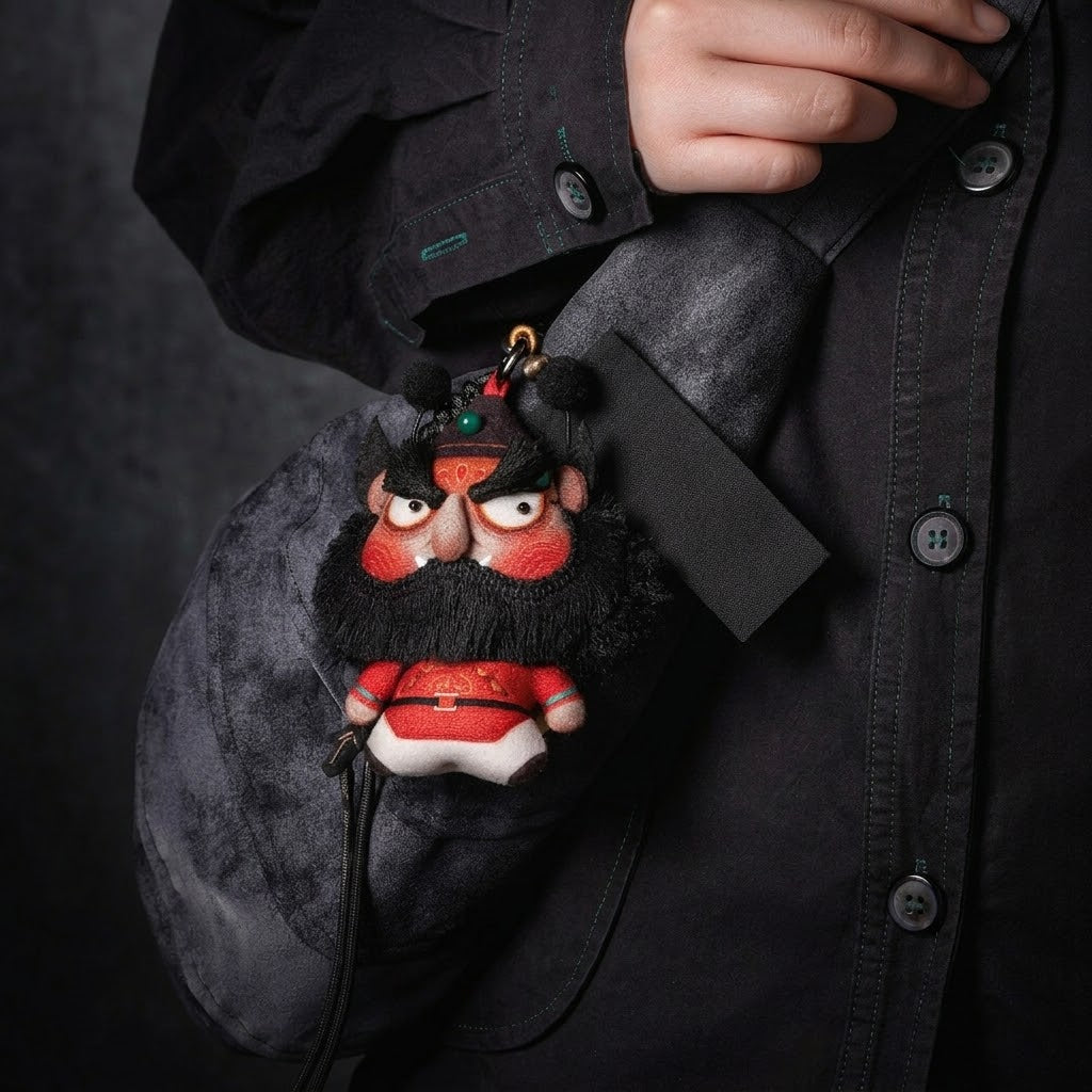 Close up of hand embroidered Zhong Kui face and reward good punish evil tag on herbal sachet charm