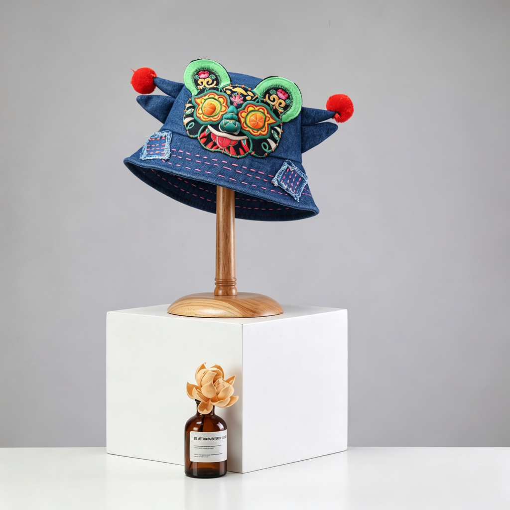 Yunnan Ethnic Handmade Embroidered Denim Bucket Hat - Women's Sunshade Hat with Adjustable Hidden Drawstring & Tiger Patchwork