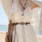 Bohemian Woven Wooden Bead Waist Chain Belt – Vintage Turquoise Floral Tie-On Rope Belt for Dresses