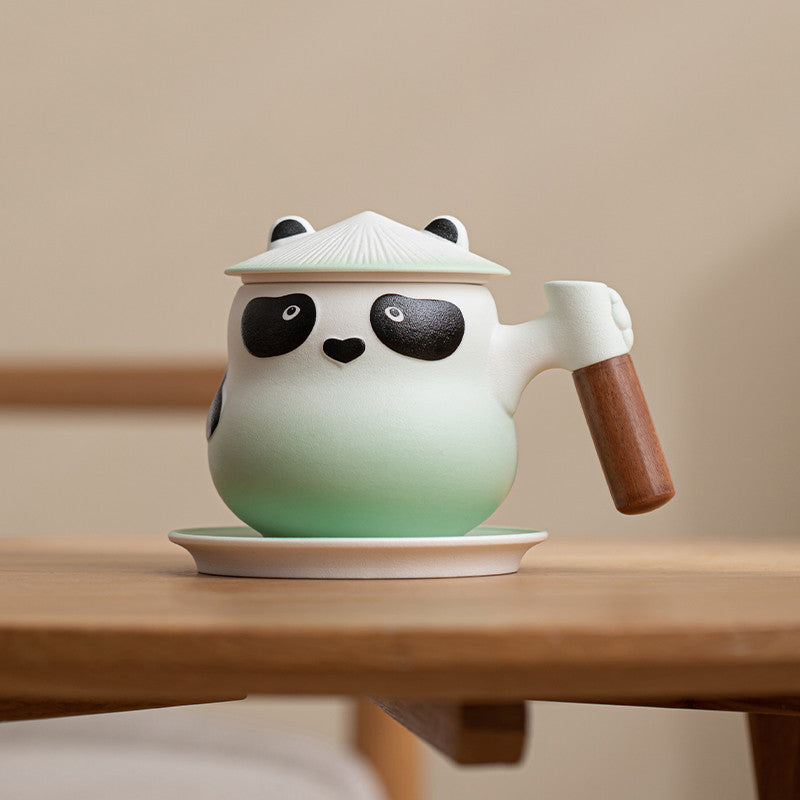 Custom Personalized Panda Ceramic Tea & Coffee Mug - 360ml Tea Infuser Mug with Rosewood Handle, Strainer Basket & Saucer (Custom Name Option)