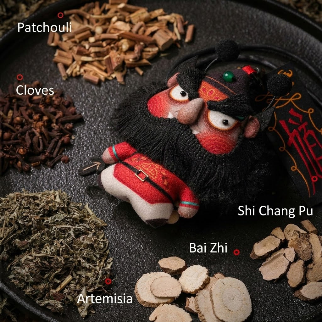 Close up of hand embroidered Zhong Kui face and reward good punish evil tag on herbal sachet charm
