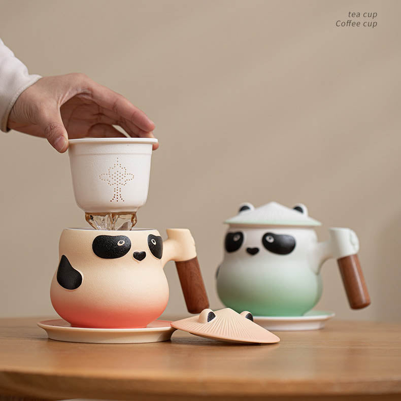 Custom Personalized Panda Ceramic Tea & Coffee Mug - 360ml Tea Infuser Mug with Rosewood Handle, Strainer Basket & Saucer (Custom Name Option)