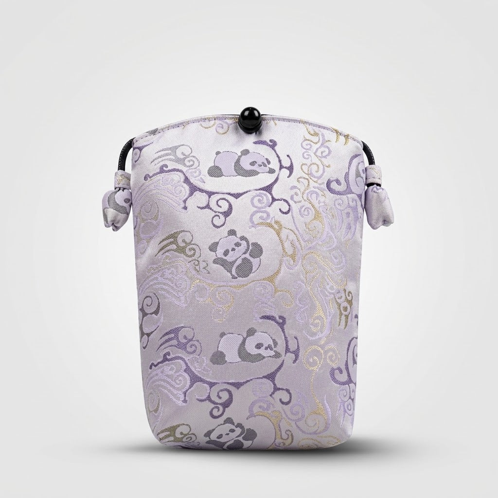 Song Brocade silk vertical crossbody phone bag with persimmon pattern and long shoulder strap in gift box