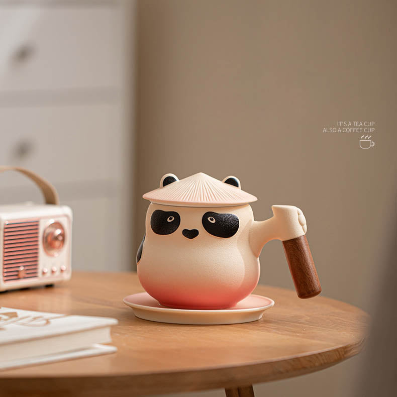 Custom Personalized Panda Ceramic Tea & Coffee Mug - 360ml Tea Infuser Mug with Rosewood Handle, Strainer Basket & Saucer (Custom Name Option)