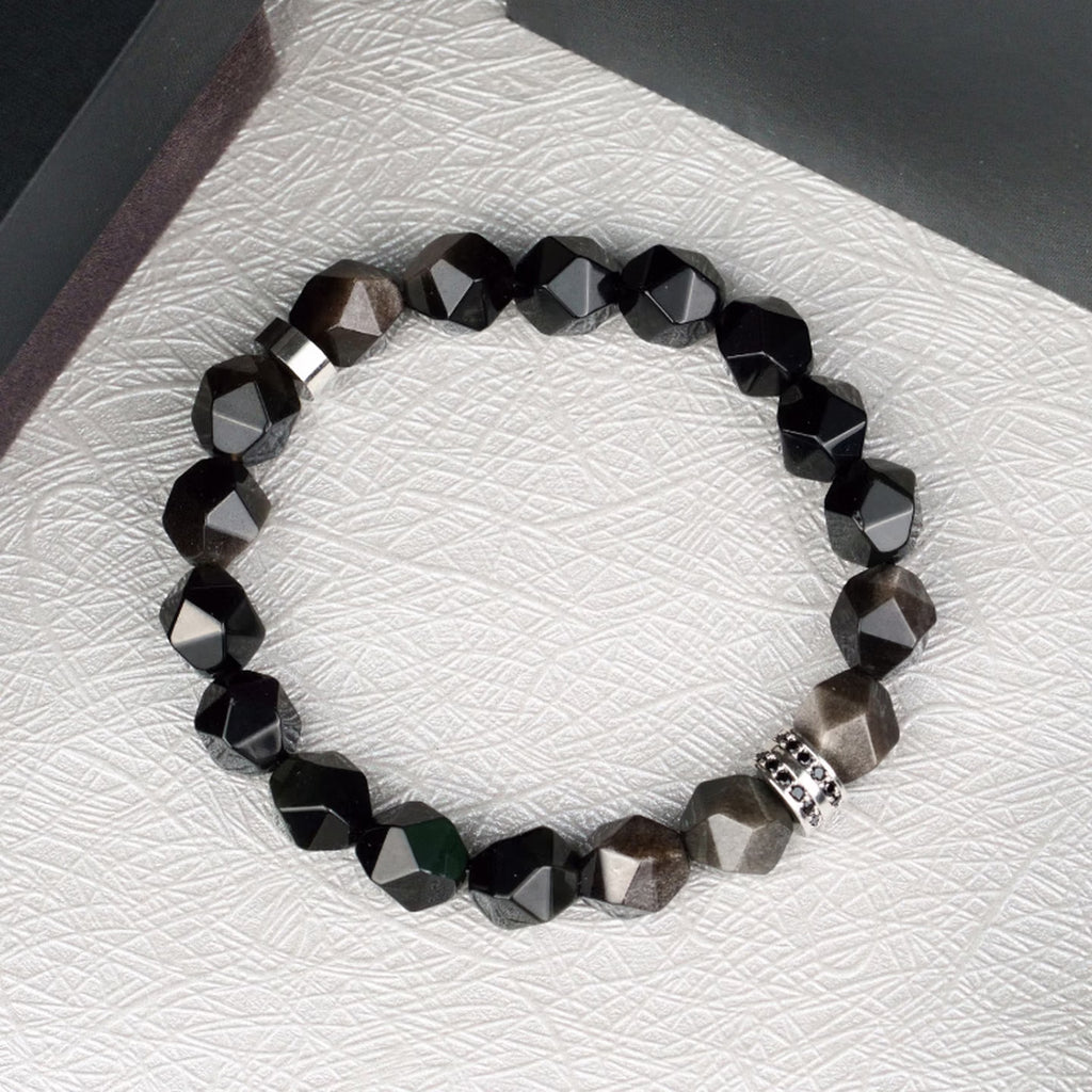 Faceted Black & Silver Sheen Obsidian Men's Bracelet - Geometric Gemstone Wristband with Cubic Zirconia Alloy Accent Symbolizing Luck, Protection & Cosmic Strength
