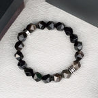 Faceted Black & Silver Sheen Obsidian Men's Bracelet - Geometric Gemstone Wristband with Cubic Zirconia Alloy Accent Symbolizing Luck, Protection & Cosmic Strength