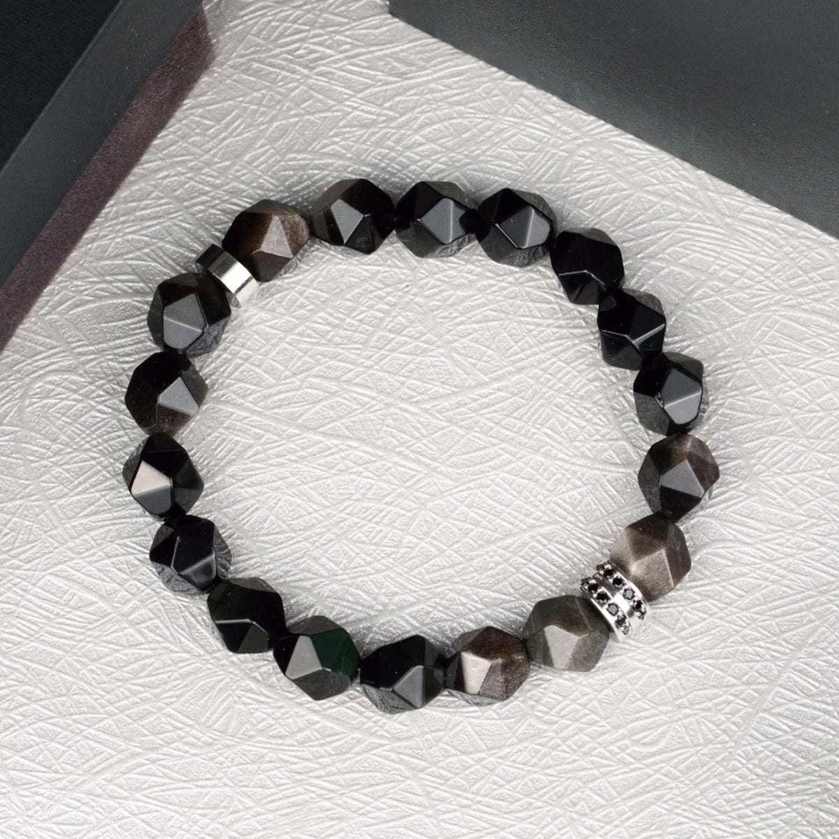 Faceted Black & Silver Sheen Obsidian Men's Bracelet - Geometric Gemstone Wristband with Cubic Zirconia Alloy Accent Symbolizing Luck, Protection & Cosmic Strength