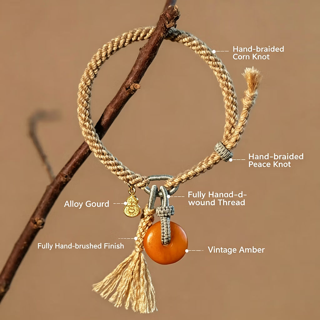 Tibetan Ethnic Hand Woven Bracelet with Amber Bead Pendant, Blessing Longevity Health Good Luck Wristband