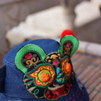 Yunnan Ethnic Handmade Embroidered Denim Bucket Hat - Women's Sunshade Hat with Adjustable Hidden Drawstring & Tiger Patchwork