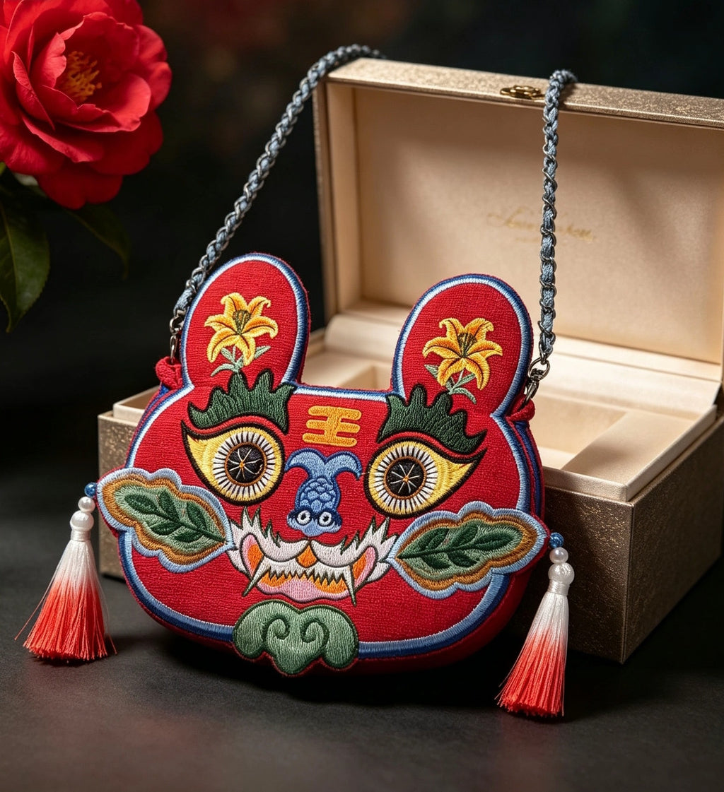 Collection of handcrafted Longxi embroidery tiger head crossbody bags in off-white and blue with long tassels