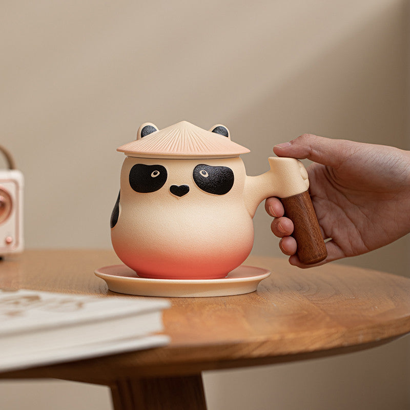 Custom Personalized Panda Ceramic Tea & Coffee Mug - 360ml Tea Infuser Mug with Rosewood Handle, Strainer Basket & Saucer (Custom Name Option)