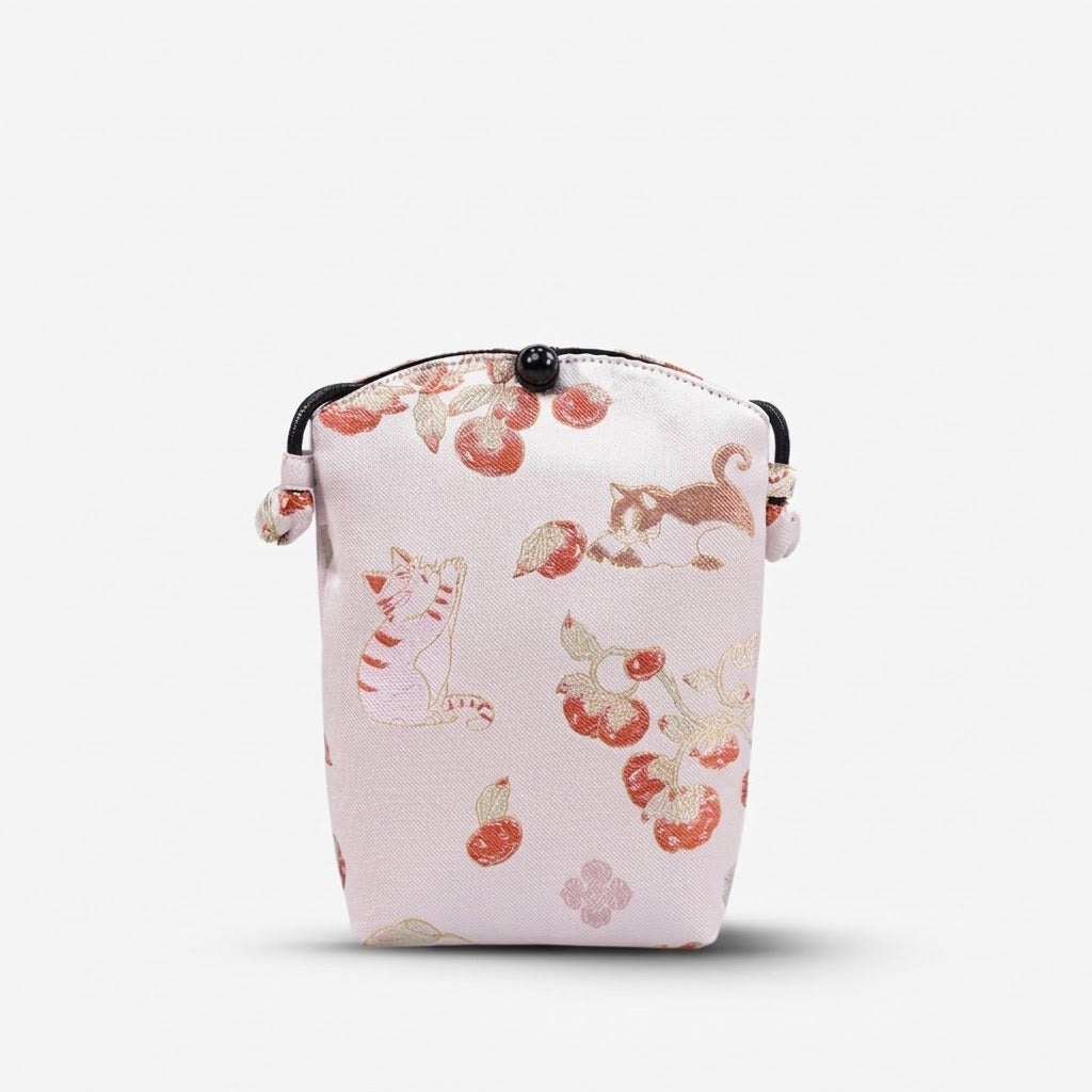 Song Brocade silk vertical crossbody phone bag with persimmon pattern and long shoulder strap in gift box