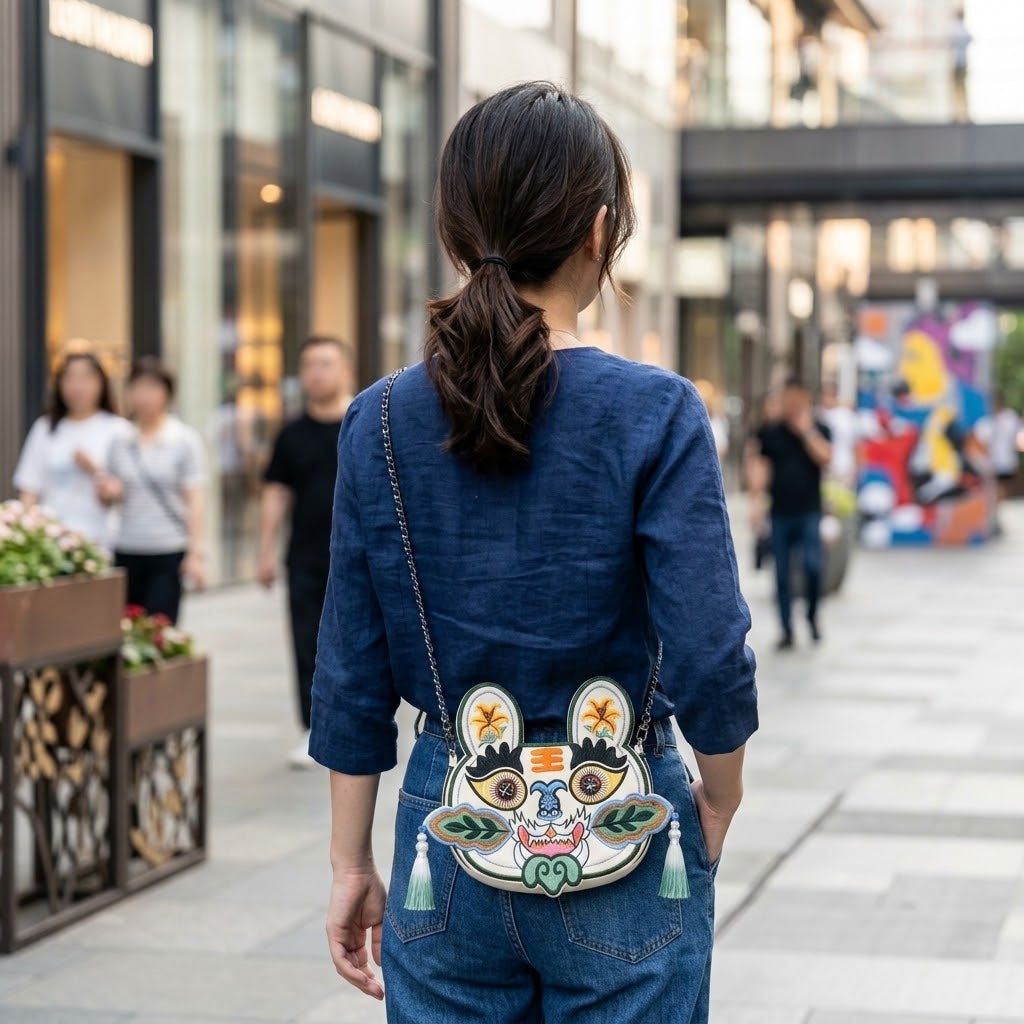 Collection of handcrafted Longxi embroidery tiger head crossbody bags in off-white and blue with long tassels