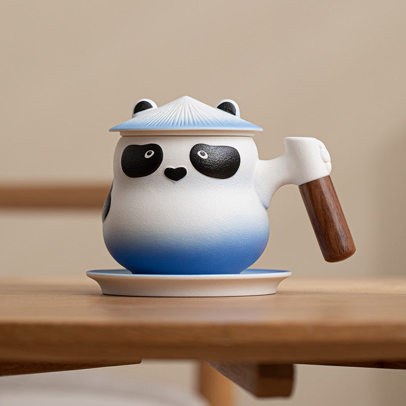 Custom Personalized Panda Ceramic Tea & Coffee Mug - 360ml Tea Infuser Mug with Rosewood Handle, Strainer Basket & Saucer (Custom Name Option)