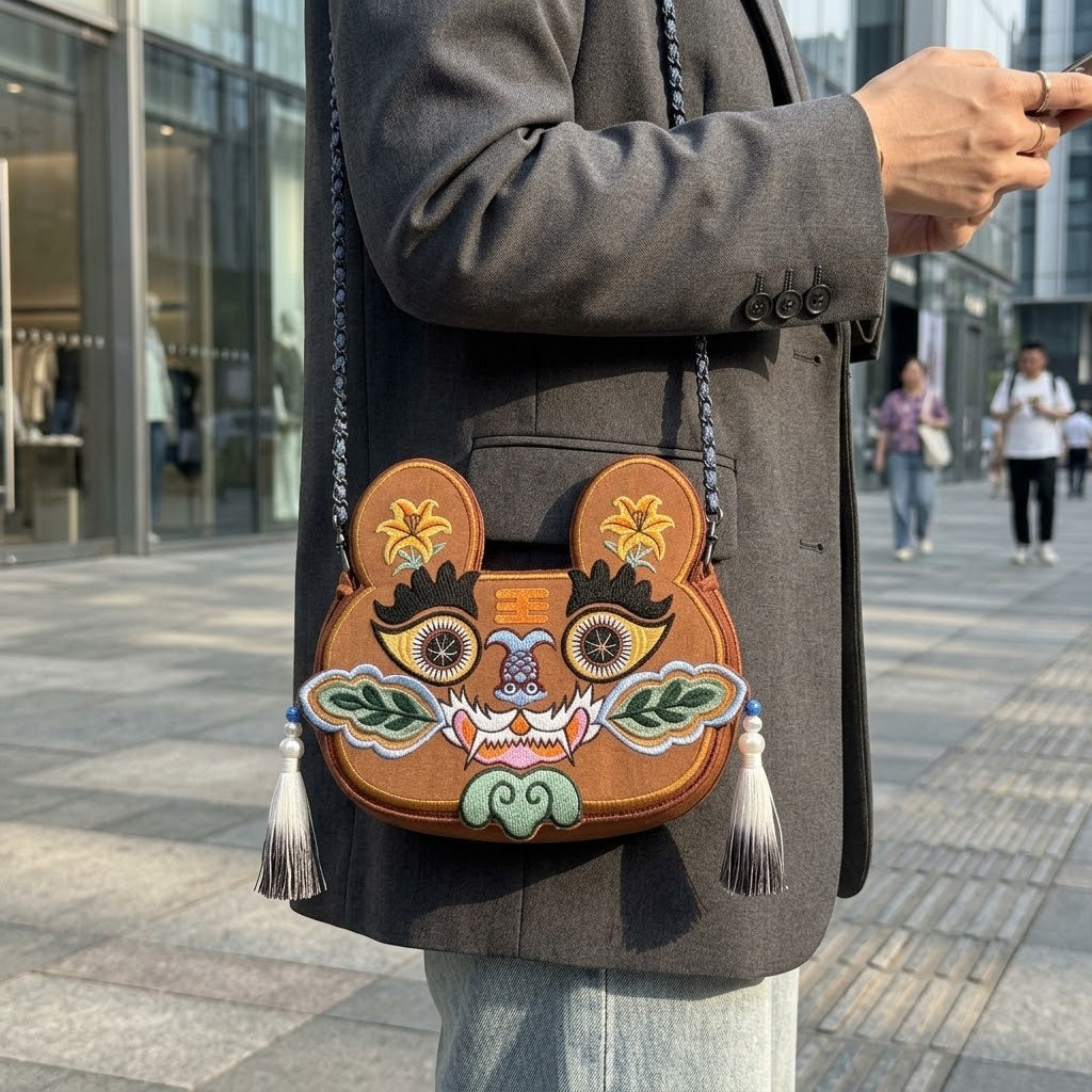 Collection of handcrafted Longxi embroidery tiger head crossbody bags in off-white and blue with long tassels