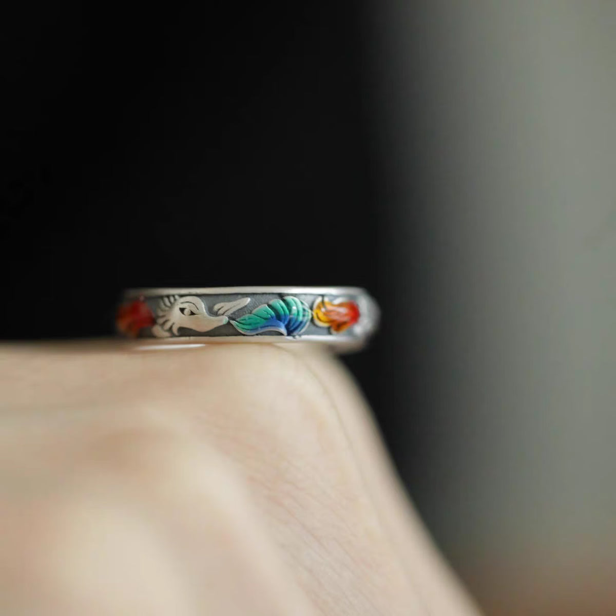 Sterling silver adjustable open ring featuring colorful enamel nine-tailed fox design