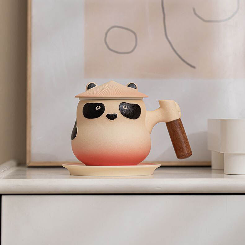 Custom Personalized Panda Ceramic Tea & Coffee Mug - 360ml Tea Infuser Mug with Rosewood Handle, Strainer Basket & Saucer (Custom Name Option)