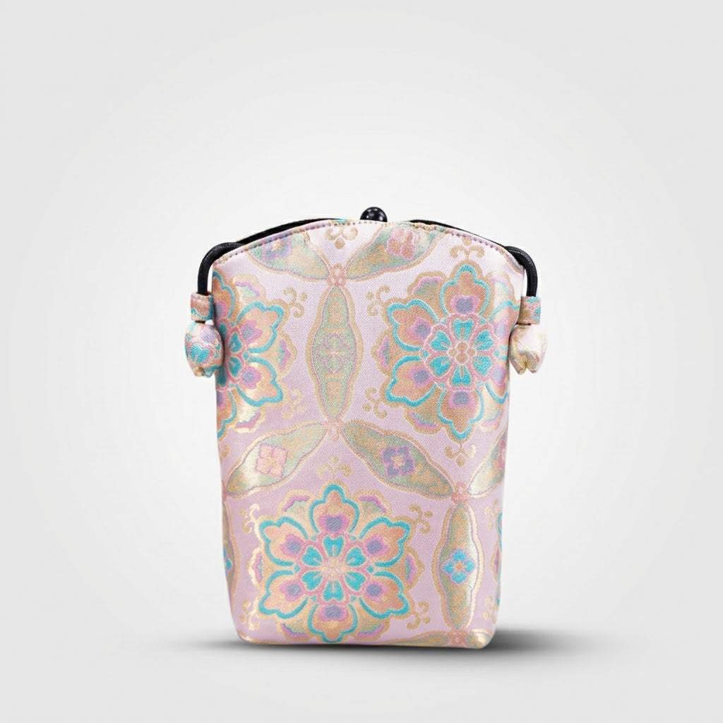Song Brocade silk vertical crossbody phone bag with persimmon pattern and long shoulder strap in gift box