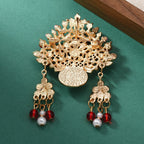 Exquisite Chinese imperial phoenix crown brooch pin with blue enamel crimson beads and pearl tassels