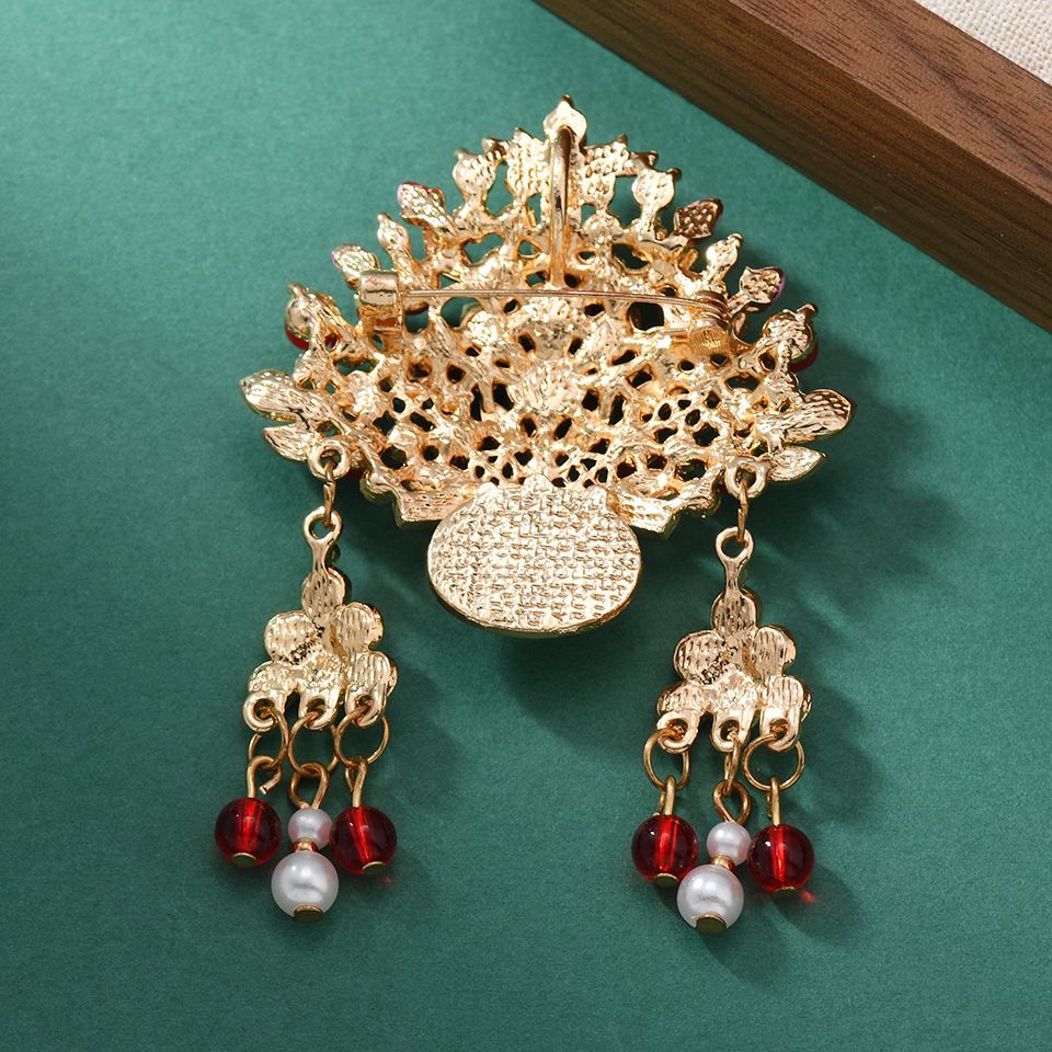 Exquisite Chinese imperial phoenix crown brooch pin with blue enamel crimson beads and pearl tassels