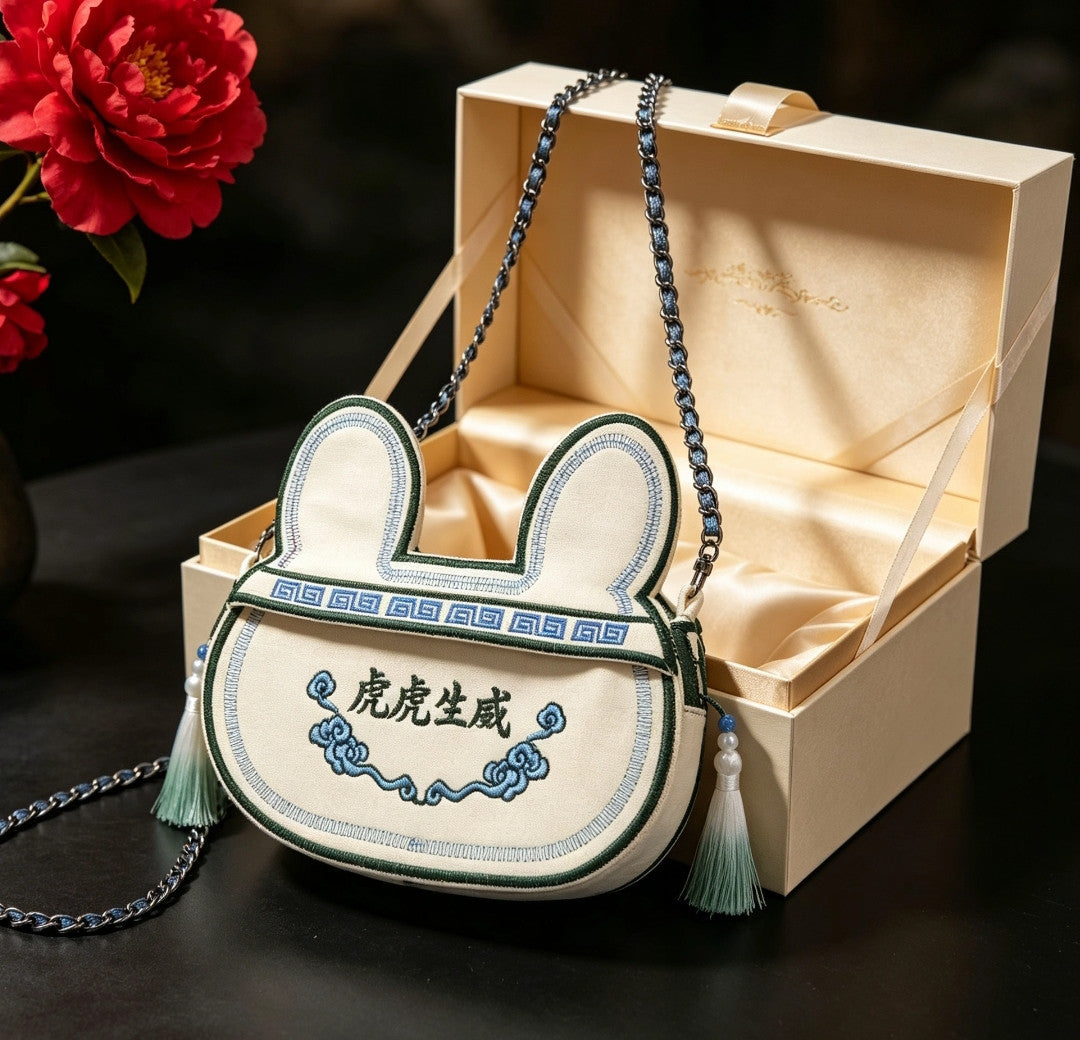 Collection of handcrafted Longxi embroidery tiger head crossbody bags in off-white and blue with long tassels