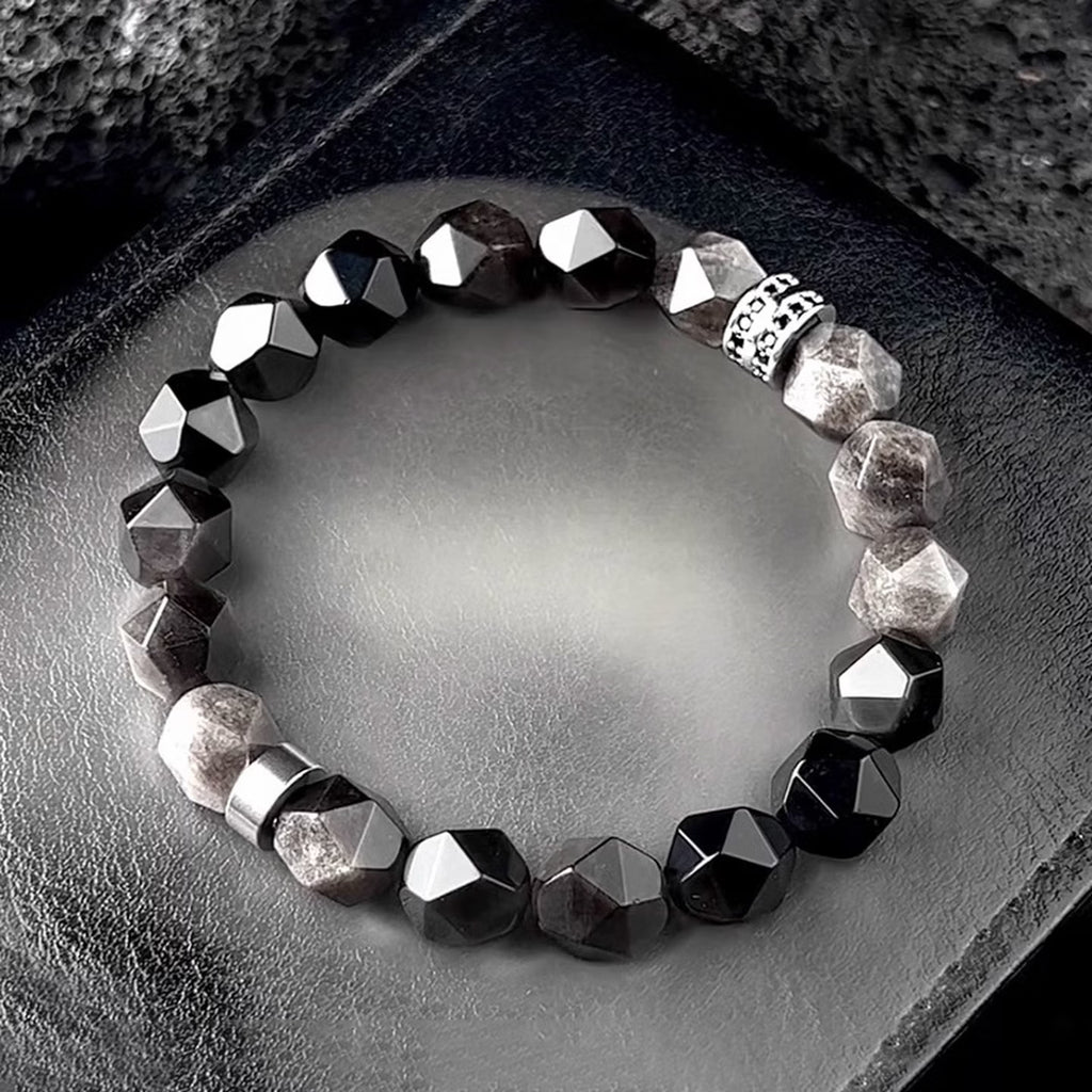 Faceted Black & Silver Sheen Obsidian Men's Bracelet - Geometric Gemstone Wristband with Cubic Zirconia Alloy Accent Symbolizing Luck, Protection & Cosmic Strength