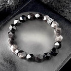 Faceted Black & Silver Sheen Obsidian Men's Bracelet - Geometric Gemstone Wristband with Cubic Zirconia Alloy Accent Symbolizing Luck, Protection & Cosmic Strength